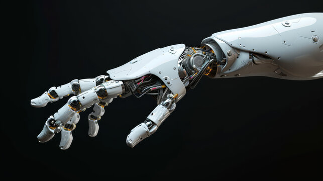 Close up ai human manekin robot arm isolated on black background. Robotic AI robot technology concept.