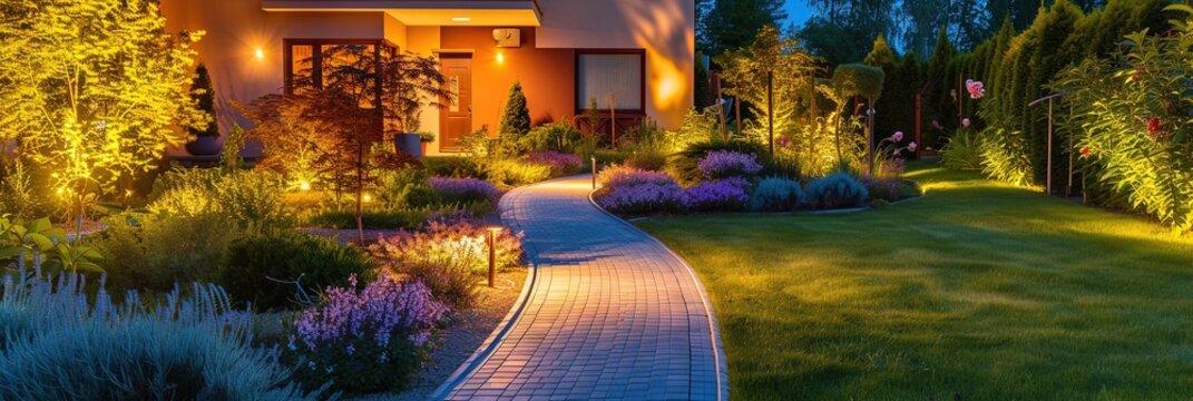 Pathway through front lawn of a residential house. Well lit with plants and flowers, and well kept lawn. Stone walkway.