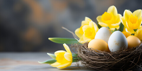 Fototapeta na wymiar easter eggs in a basket with daffodils