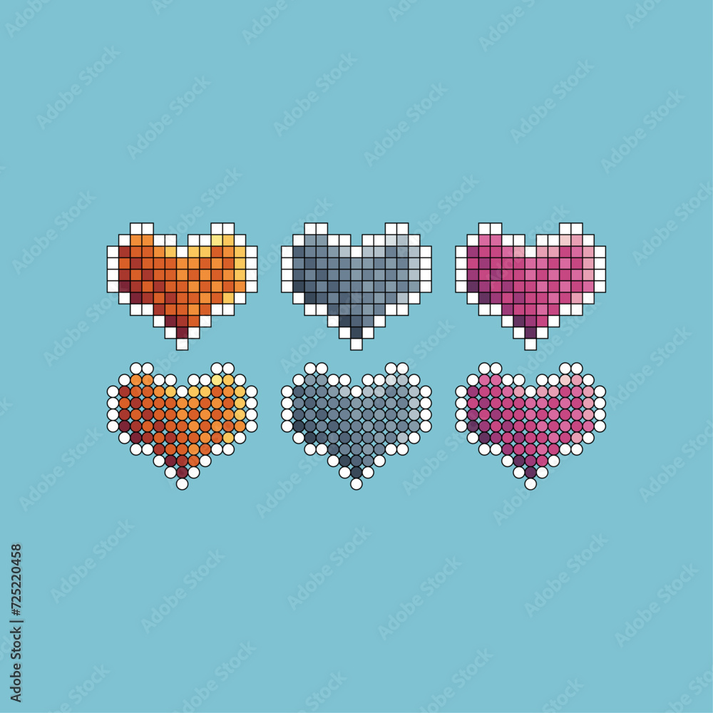 Poster Pixel art stroke sets icon of heart variation color. Heart icon on pixelated style. 8bits perfect for game asset or design asset element for your game design. Simple pixel art icon asset.