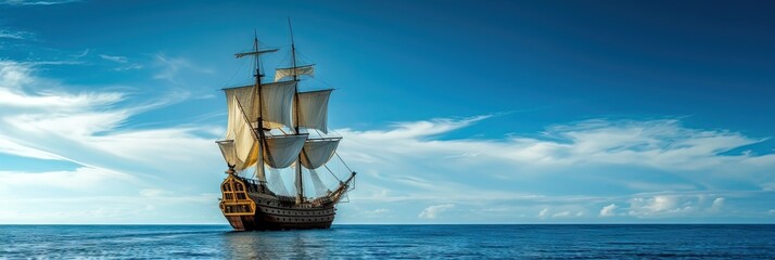 pirate ship on the ocean blue with copy space