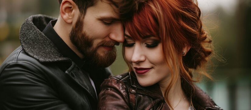 Attractive pair embracing outside for wedding pictures, with a stylish woman in red hair, leather jacket, and bridal gown, alongside a handsome, bearded man in a coat.