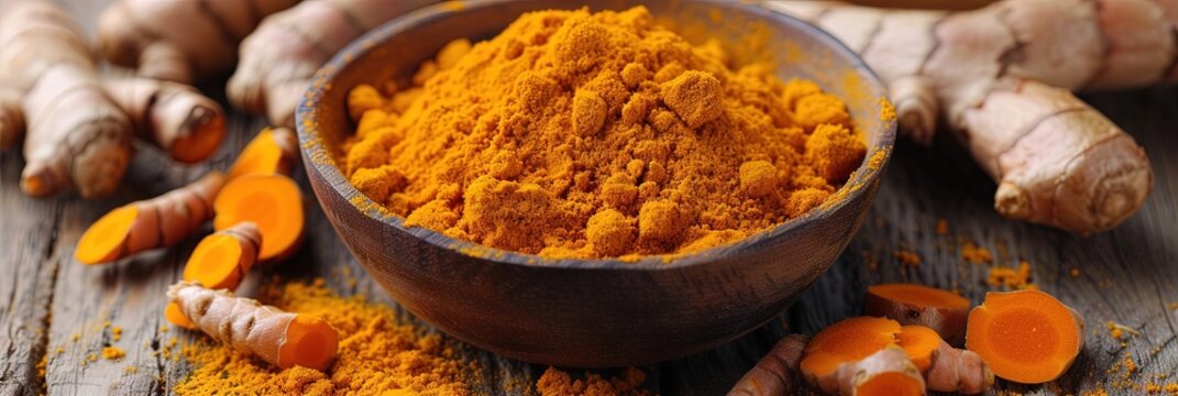 tumeric powder on table with tumeric plant