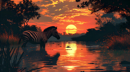 Fototapeta na wymiar Silhouette Of Zebra At River In Sunset. Generative Ai