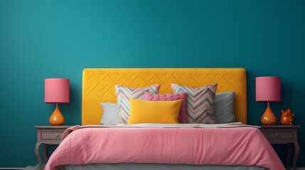 Detail of interior design bedroom dark turquoise pink wall, mustard yellow bed with herringbone...