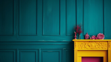 dark turquoise pink wall with a mustered yellow fireplace