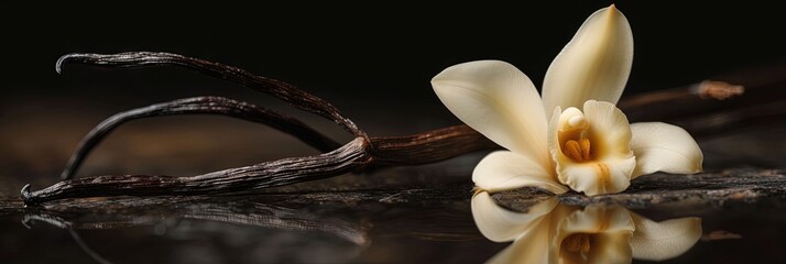 vanilla orchids and vanilla beans on solid background with copy space