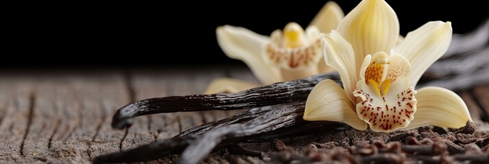 vanilla orchids and vanilla beans on solid background with copy space