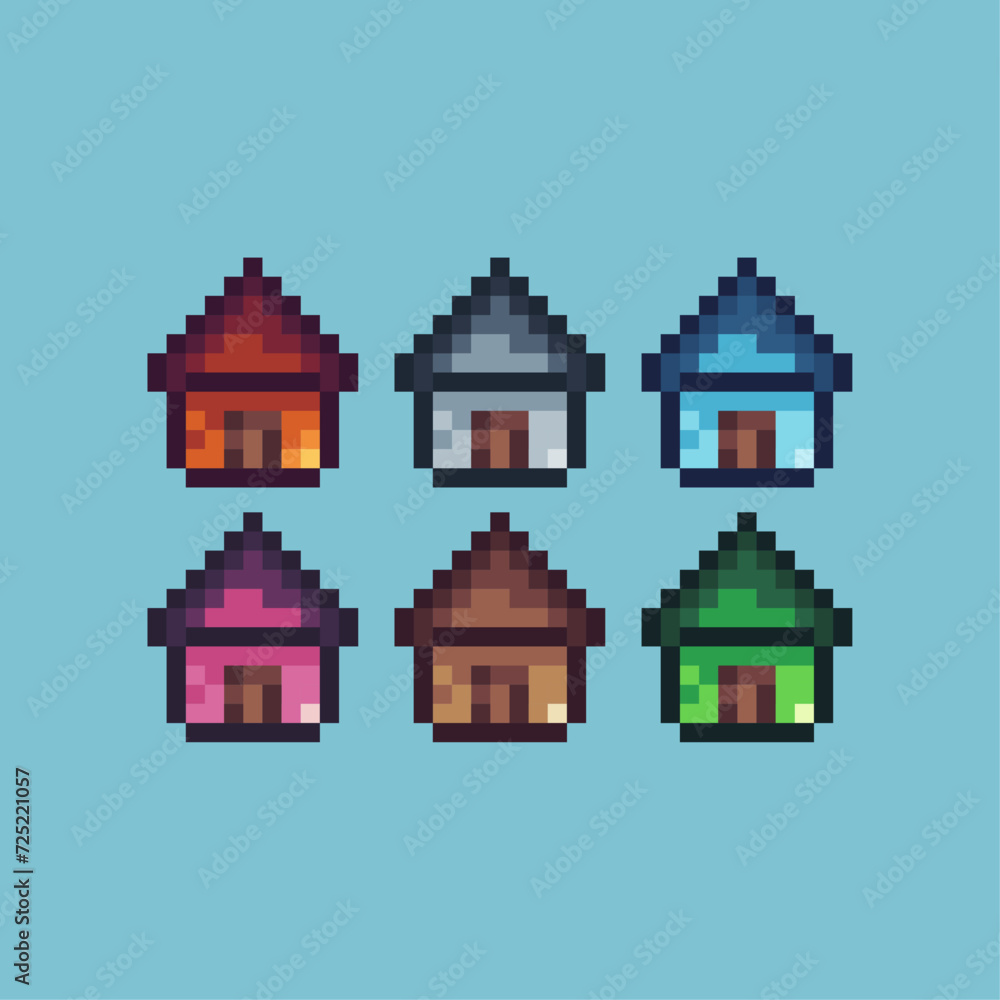 Poster pixel art sets icon of house variation color.home icon on pixelated style. 8bits perfect for game as