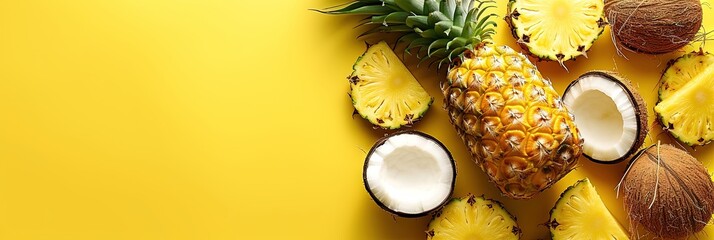 pineapple coconut pina colada on yellow background  - obrazy, fototapety, plakaty