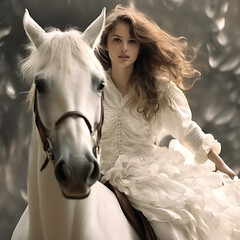 A woman with a light smile on a white horse, in a white dress.
Generative AI.