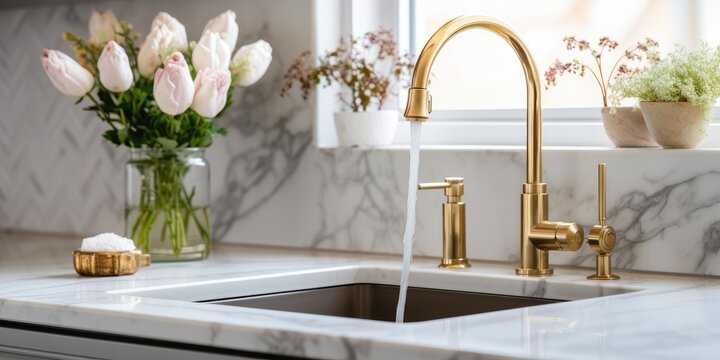 Detailed close-up photo of kitchen sink with gold faucet, marble backdrop, grey cabinets, and gold hardware.