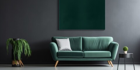 Dark green blanket on grey sofa in bright living room with empty poster and armchair.