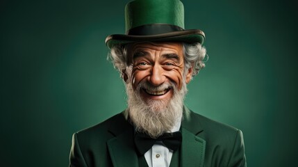 old man wearing shamrock on solid green background with copy space.