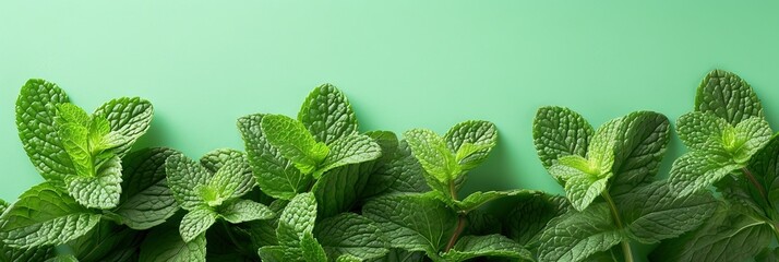 Mint leaves on solid background with copy space. - obrazy, fototapety, plakaty