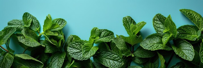 Mint leaves on solid background with copy space. - obrazy, fototapety, plakaty