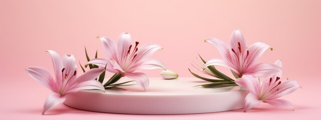 Product podiums with lilly flowers on pink background.  3D display podium with copy space template 3d render. Background for cosmetic products of natural.