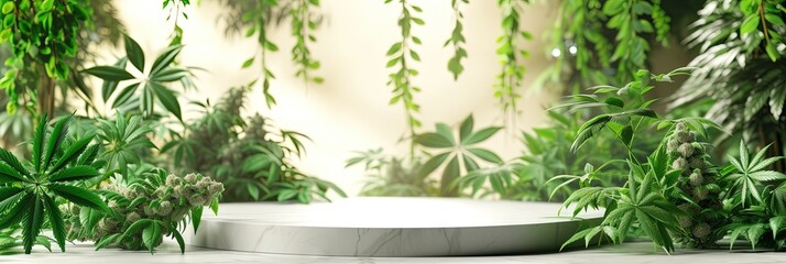 Podium for products, 3D rendered with cannabis plants