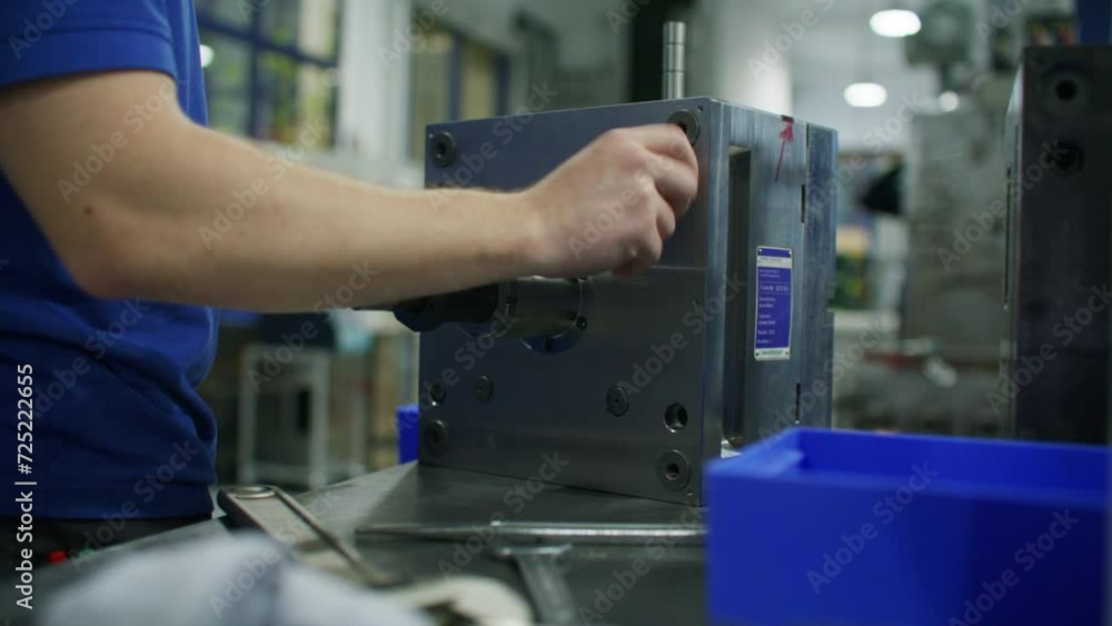 Poster engineer assembling components to create a seamless automated machine