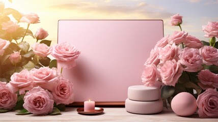 Obraz na płótnie Canvas Empty podium roses. 3D display podium with copy space template 3d render. Background for cosmetic products of natural.