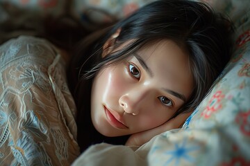 Chinese brunette is lying down in bed.