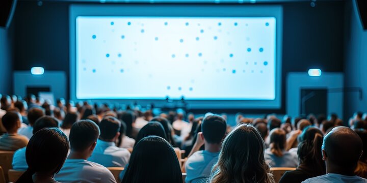 crowded auditorium with audience watching presentation