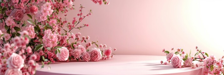 Obraz na płótnie Canvas pink rose floral podium 3D render with space for product placement for ad and marketing copy