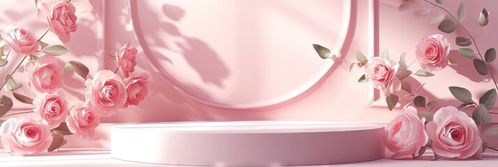 pink rose floral podium 3D render with space for product placement for ad and marketing copy