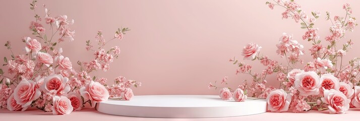 pink rose floral podium 3D render with space for product placement for ad and marketing copy