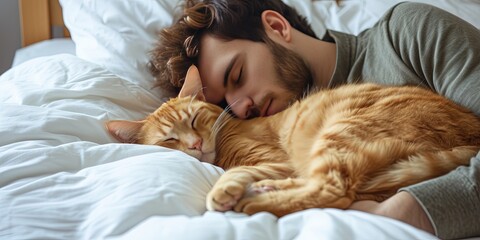 man sleeping in bed with cat - Powered by Adobe