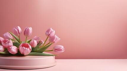 Obraz premium Podium tulips and pink . 3D display podium with copy space template 3d render. Background for cosmetic products of natural.