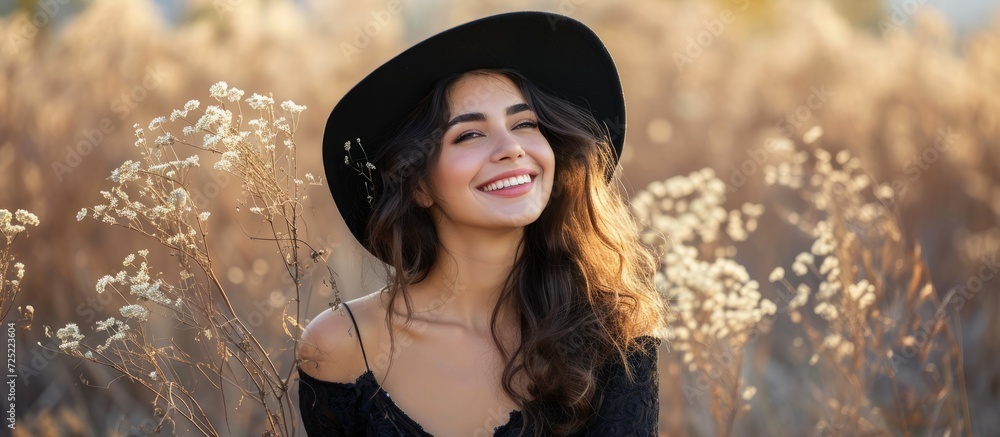 Sticker Happy girl in black dress and hat posing for a camera.