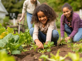 A Photo Of A Community Garden Where Families Are Planting Vegetables Together Symbolizing Unity And Sustainability