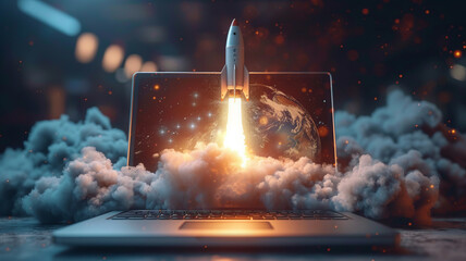 Rocket coming out of laptop screen, innovation and creativity concept, generative ai - obrazy, fototapety, plakaty