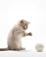Scottish fold cat playing yarn ball on white background