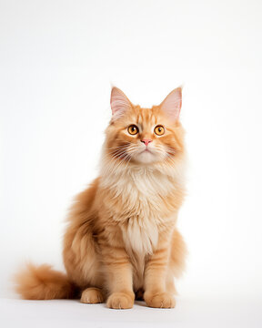 Orange fluffy cat sitting portraits photo on white background