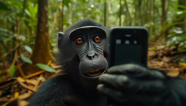 monkey taking a selfie with his mobile phone, generative ai.
