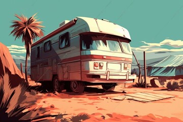 camper under shade, digital illustration. Generative AI