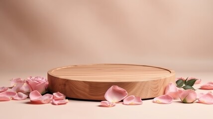 Empty wooden podium. 3D display podium with copy space template 3d render. Background for cosmetic products of natural.
