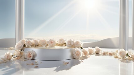 Empty podium roses. 3D display podium with copy space template 3d render. Background for cosmetic products of natural.