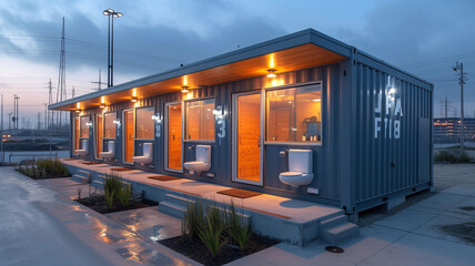 shipping container community bathroom, generative ai.