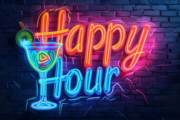 Illuminated Neon Martini Happy Hour Sign