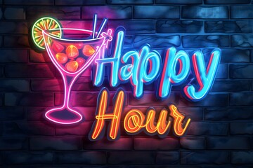 Neon Cocktail Happy Hour Sign - obrazy, fototapety, plakaty