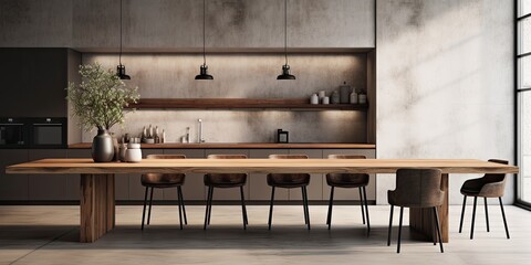 Contemporary kitchen interior and bare wooden table for showcasing products.