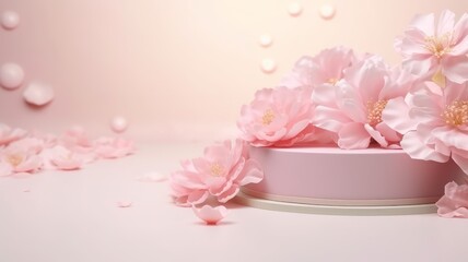 Peony blossom . 3D display podium with copy space template 3d render. Background for cosmetic products of natural.
