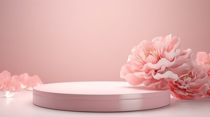 Obraz na płótnie Canvas Peony blossom . 3D display podium with copy space template 3d render. Background for cosmetic products of natural.