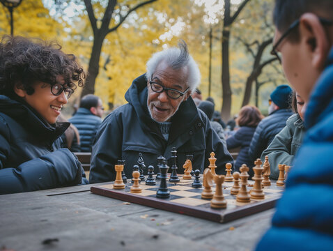 A Photo Of A Group Of People Of Different Ages And Backgrounds Playing Chess In A Public Park