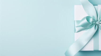 Elegant White Gift Box with Satin Ribbon on Turquoise Background. Minimalist Present Concept