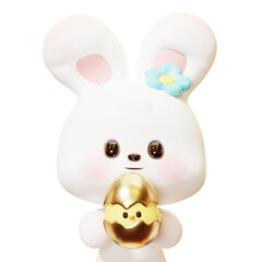 Cute cartoon 3D little rabbit holding baby chicken hatching from egg. Happy Easter day festival. Spring holiday
