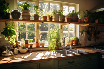 Rustic Home Kitchen with Sunlight Streaming Through Window onto Herbs and Pottery. Cozy Interior Concept